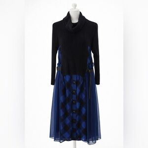 Chic Black and Blue Plaid Long Sleeve Dress